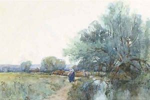Low tide in the harbour; and On the river towpath (illustrated) by George Charles Haite
