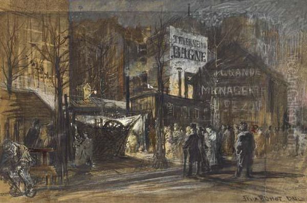 Une Scene Nocturne Avec Le 
Boulevard Montmartre, La Taverne Du Bagne Et La Menagerie Pezon Au Fond - view 1