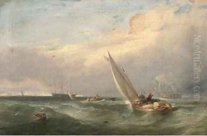 A man'o-war being towed into port by Edwin Hayes