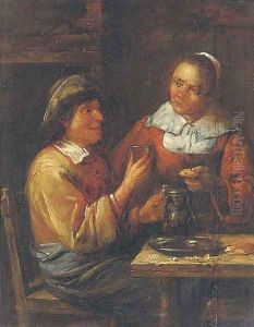 A peasant couple eating in an interior by Egbert Van Heemskerck