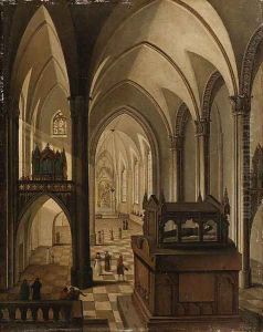 Interior of a Gothic Cathedral with elegant Figures walking in the Nave before a Tomb