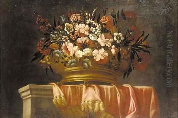Flowers in an urn on a draped ledge - view 1