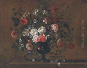 Parrot tulips, roses, morning glory, chrysanthemums and other flowers in a vase on a ledge