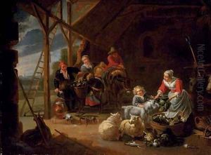 A peasant woman selling vegetables in a barn with travellers loading their donkeys by Willem van, the Elder Herp