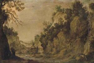A rocky landscape with a waterfall and two figures by a river by Tobias van Haecht (see Verhaecht)