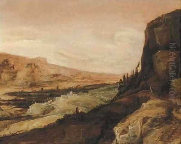 An extensive landscape with a traveller on a bridge - view 1
