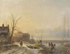 Figures on the ice at dusk by Cornelis Petrus T' Hoen