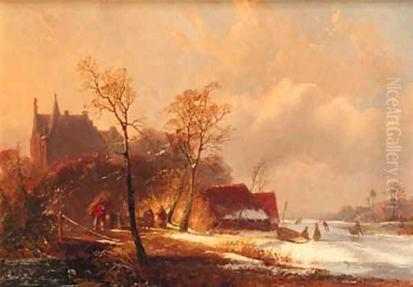 A winter landscape with skaters and a faggot-gatherer by a fortified mansion - view 1