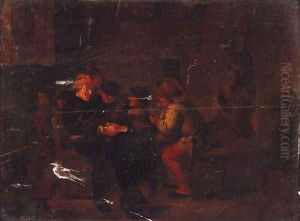 Peasants playing cards in an interior by Egbert van the Elder Heemskerk