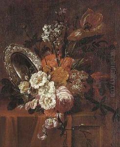 Roses, parrot tulips, chrysanthemums, narcissi and other flowers in a vase