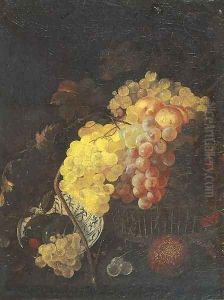 Grapes, peaches and cherries in a basket by Jan Davidsz De Heem