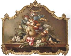 Summer flowers, grapes, apples, a pineapple and songbirds, on a stone ledge