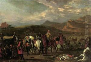 Monks tending wounded soldiers on a battlefield by Jan Van Huchtenburgh