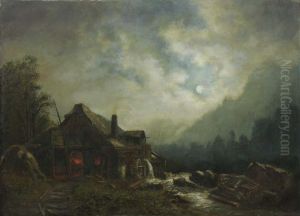 Nachtliche Gebirgslandschaft Mit Schmiede Am Bach.