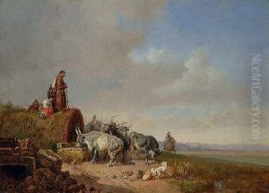 Rinderherde An Einembrunnen In Der Campagna by Heinrich Burkel