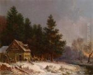Wildfutterung In Einer Romanischen Winterlandschaft by Heinrich Burkel