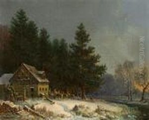 Forsthaus Im Verschneiten Wald by Heinrich Burkel