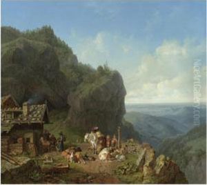 Wirtshaus Auf Der Alm Mit Alpzug (tavern In The Alps) by Heinrich Burkel