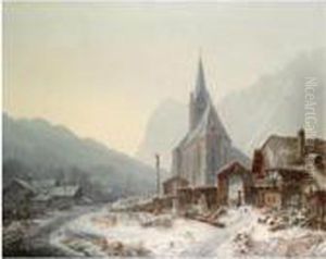 Winterliche Kirche Im Gebirge (winter In Ramsau) by Heinrich Burkel