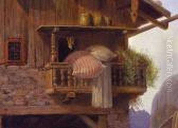 Wirtshaus Im Gebirge
Links Im Bild Stehendes Almenwirtshaus Mit Steinernem Unterbau,
Holzernem Giebelaufbau Und Balkon Mit Herausgehangtem Bettzeug. Darunter
Ein Tisch Mit Drei Mannern Bei Der Brotzeit. Im Hausinneren Weitere
Personen, Um Tische G - view 1