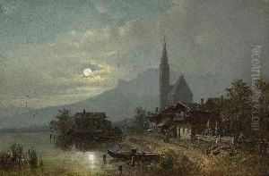 Gebirgsdorf An Einem See Bei
 Mondschein.