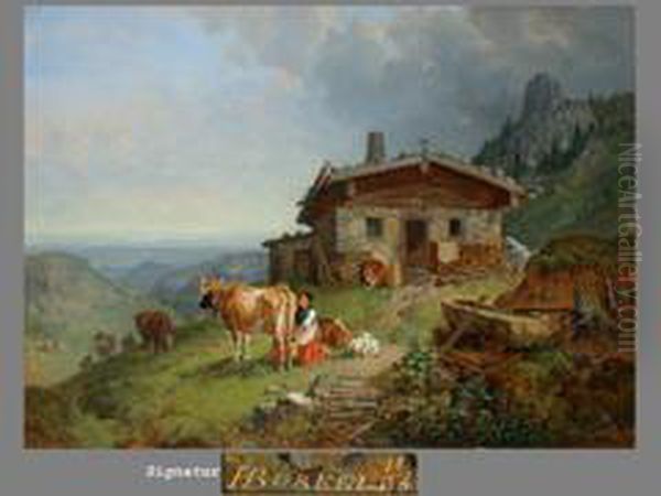 Das Gemalde Zeigt Eine Alm Vor Der Kampenwand Mit Blick Auf Denchiemsee - view 1