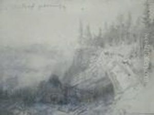 Workers And A Cabin In A Wooded Mountain Landscape