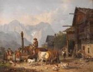An Alpine Village Scene by Heinrich Burkel