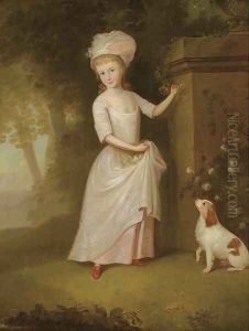 Portrait of a young girl, full-length, in a pink dress, in a garden, a spaniel by her side