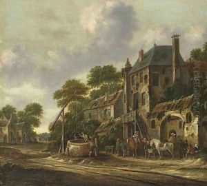Travelers in a village landscape