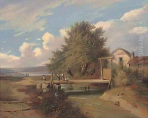 Anglers on a bridge by Camillo Hackensollner