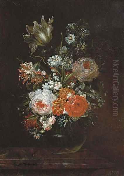 Roses, a tulip and other flowers in a glass vase on a wooden ledge - view 1
