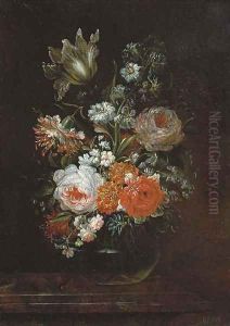 Roses, a tulip and other flowers in a glass vase on a wooden ledge by Caspar Hirscheli
