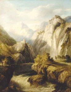 A mountainous river landscape with figures on a bridge and a town beyond