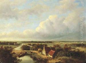 A panoramic view of the outskirts of Haarlem, with a steam train in the distance by Jan Hendrik Willem Hoedt