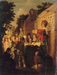 A mountebank at his stand in a rural fair, with a church beyond