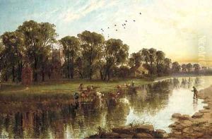 Cows watering near an angler in a river, a church beyond by John Joseph Hughes