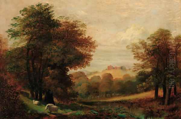 Sheep grazing in a wooded river landscape, a castle beyond - view 1