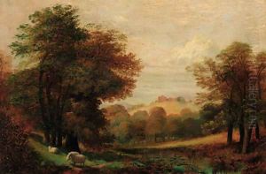 Sheep grazing in a wooded river landscape, a castle beyond by Lewis Hodgkinson