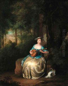 A lady playing a lute in a wood