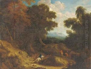 A stag hunt in a wooded landscape by Cornelis Huysmans