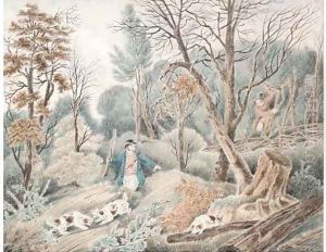 Huntsmen in a wood by Samuel Howitt