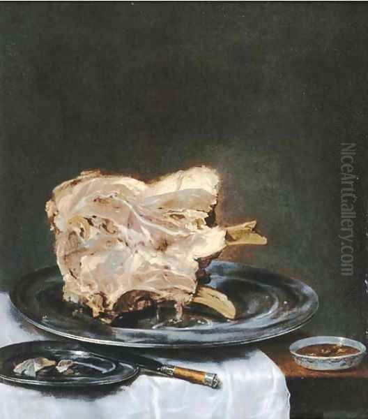 A ham on a pewter plate on a drapped table - view 1