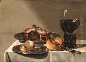 A roemer, a pie with a spoon and a peeled lemon on pewter plates by Willem Claesz. Heda