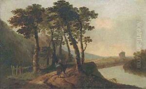 An Italianate landscape with figures by a river by William Hodges