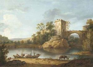 An Italianate river landscape with peasants in a boat and a fortified bridge beyond by William Hodges