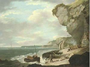 Coastal scene with fishermen on a beach in the foreground and sailing boats beyond Coastal scene with fishermen on a beach in the foreground and sailing boats beyond