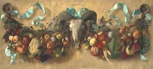 Swathes of fruit and vegetables, punctuated with ribbons, a ram's skull and carved roundels