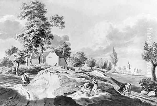 Shepherds with Cattle by a Rad near an Inn, a church and houses beyond - view 1