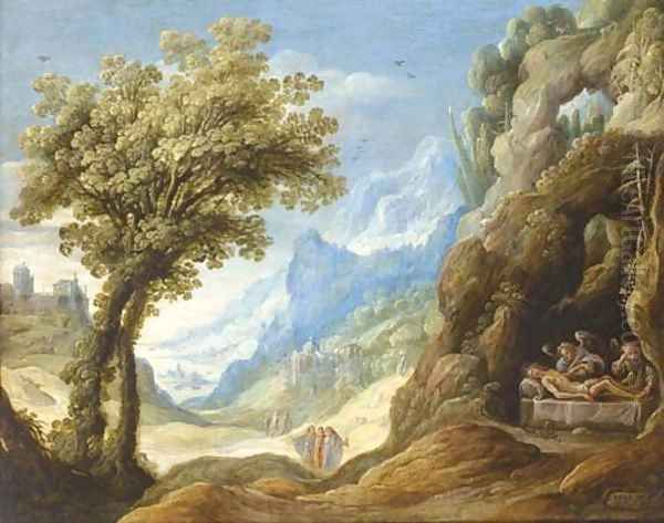 The Dead Christ lamented by Angels in a mountainous landscape - view 1